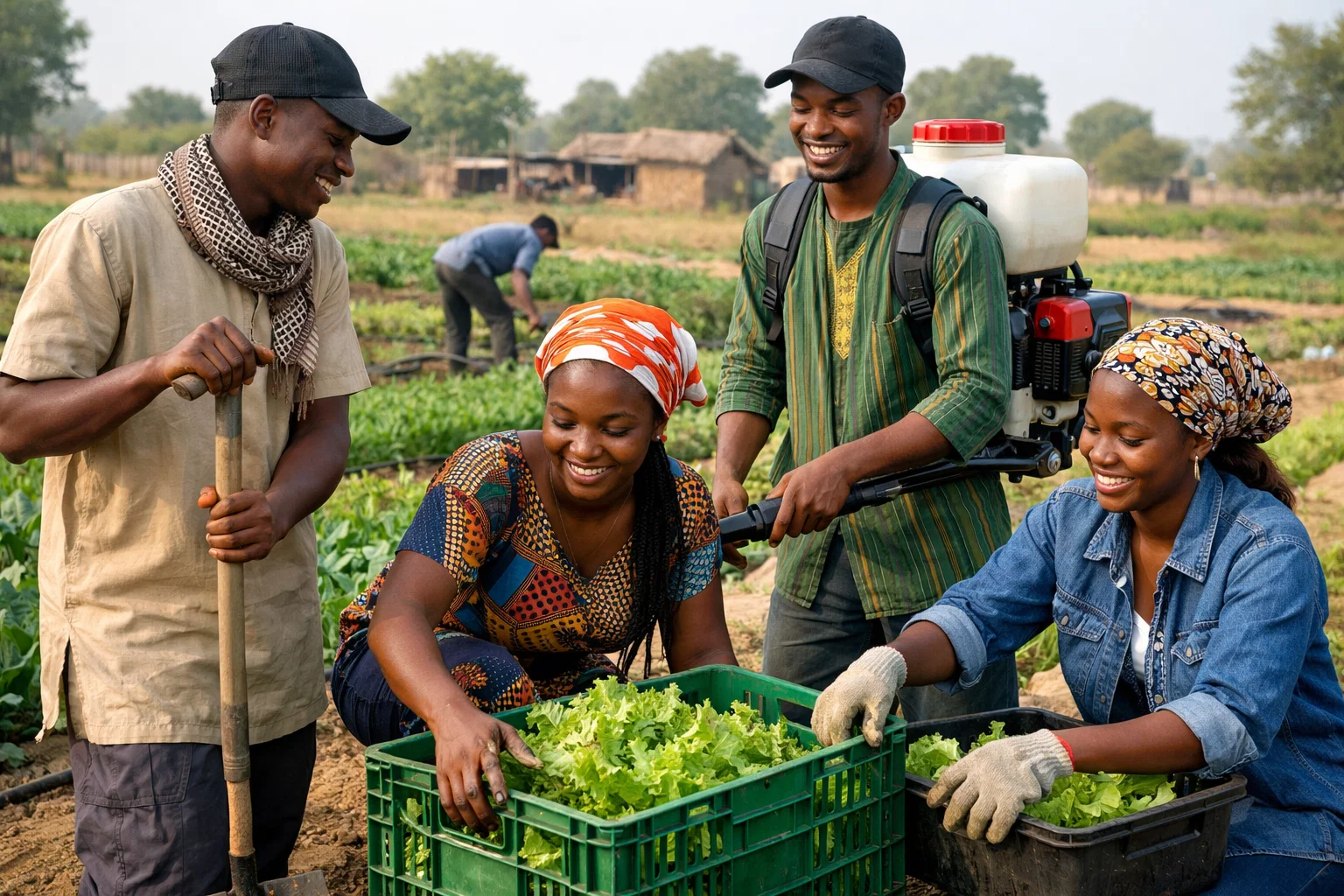 Jeunes agriculteurs maliens récoltant des légumes